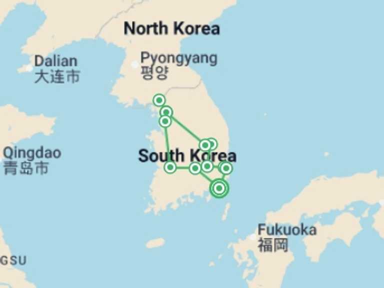Map itinerary of Asia Tour in July 2026 with 4 destination visits for the trip: Magical Corners of Korea