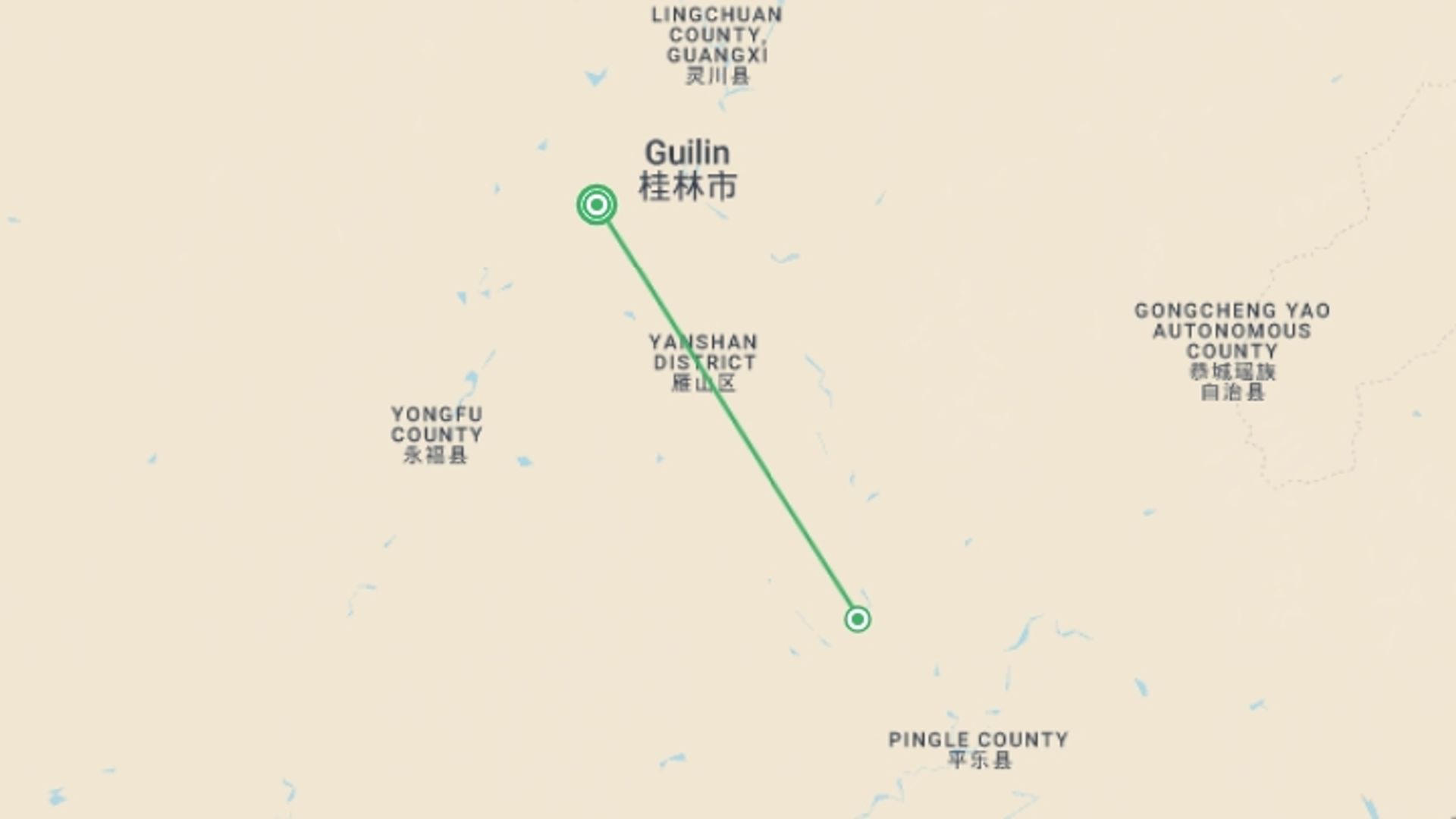 A map showing the tour itinerary for the trip: Guilin & Yangshuo Break (Superior) - 4 days, starting in Guilin, China and ending in Guilin, China going through 0 other destinations.
