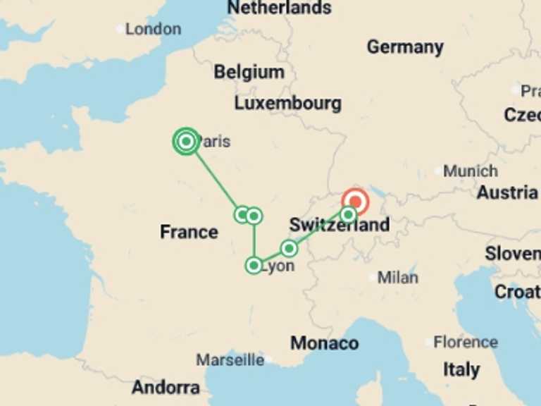 Map itinerary of Europe Tour in June 2026 with 3 destination visits for the trip: French and Swiss Spirit
