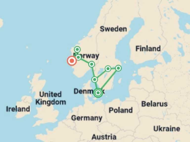 Map itinerary of Scandinavia Tour in October 2026 with 2 destination visits for the trip: Spectacular Scandinavia 