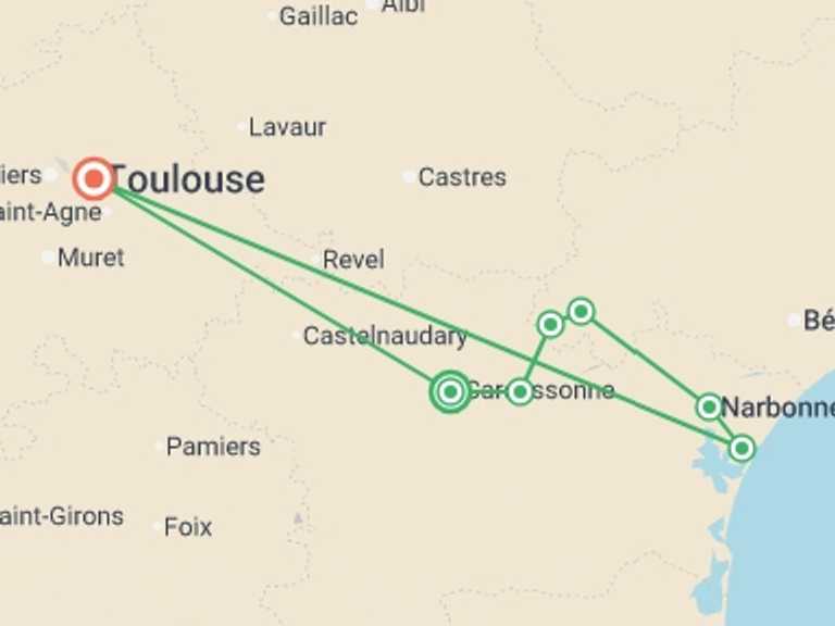 Map of a Countryside and village visits Tour with 7 destination visits for the trip: Cycling in France - Canals and Castles of the Midi