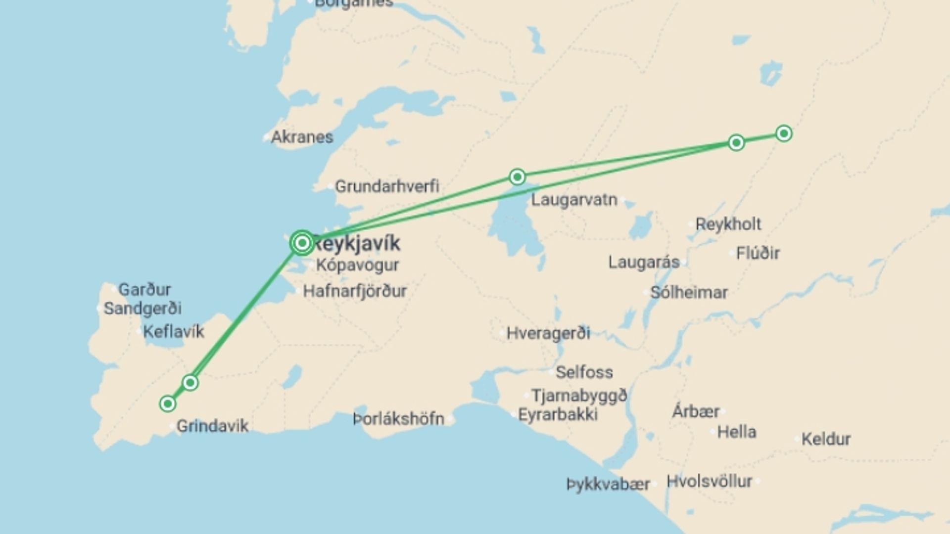 A map showing the tour itinerary for the trip: Reykjavik Iceland & Solar Eclipse at Sea (Large Group) - 5 days, starting in Reykjavik, Iceland and ending in Reykjavik, Iceland going through 0 other destinations.
