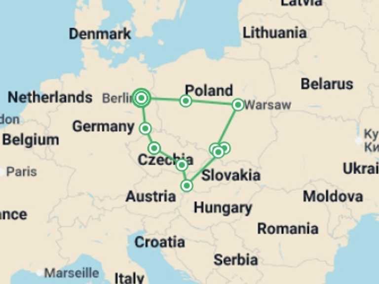Map itinerary of Czech Republic Tour in Fall with 6 destination visits for the trip: Berlin and the Best of Poland