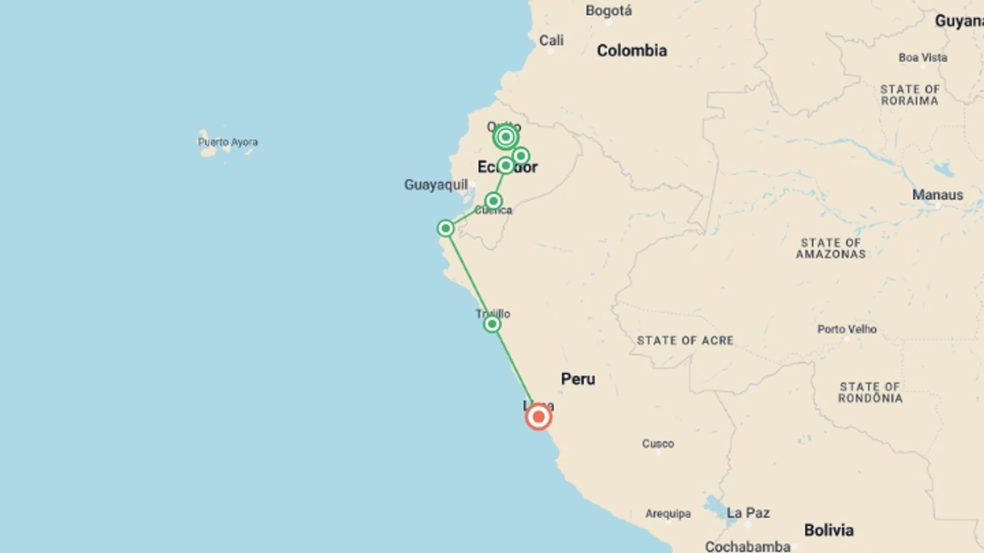A map showing the tour itinerary for the trip: Quito to Lima: Surf Towns & Hot Springs, starting in Quito, Ecuador and ending in Lima, Peru going through 5 other destinations.
