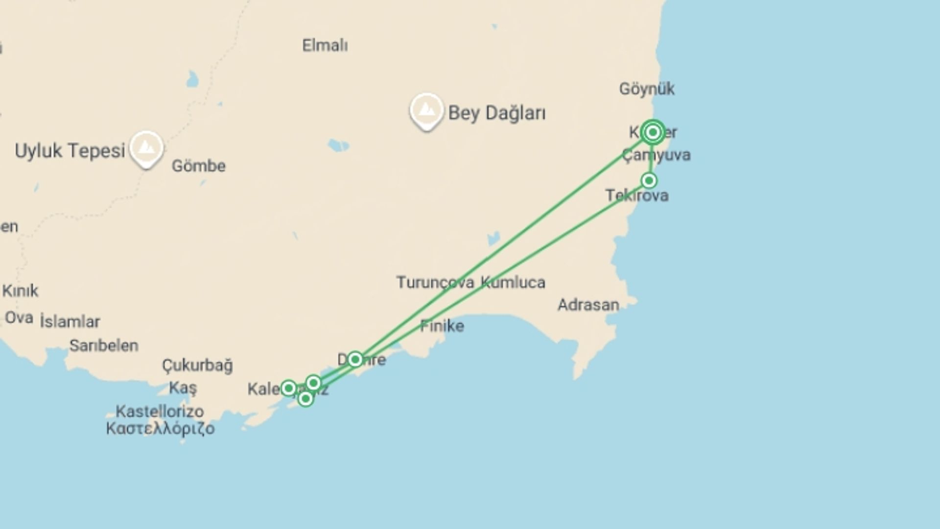 A map showing the tour itinerary for the trip: Gulet Cruise, Kemer – Kekova – Kemer With Transfers, starting in Kemer, Turkey and ending in Kemer, Turkey going through 5 other destinations.