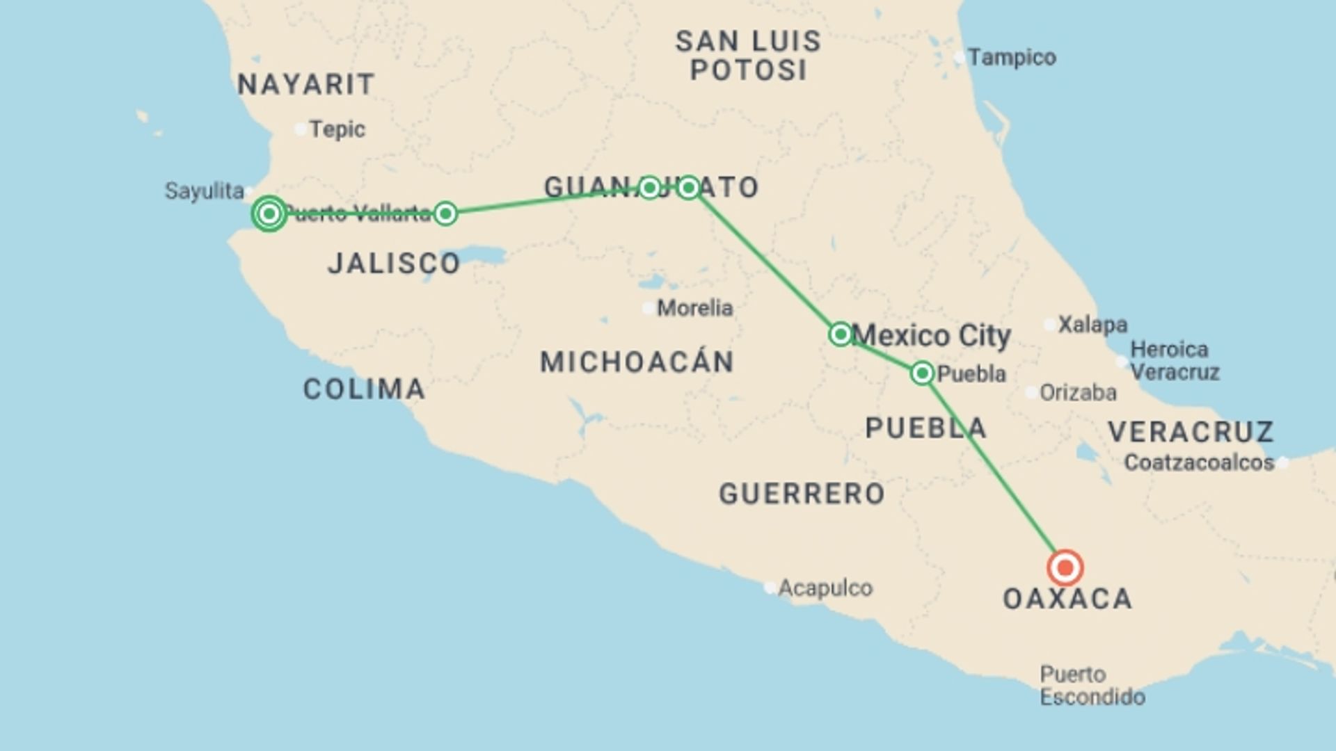 A map showing the tour itinerary for the trip: The Many Sides of Mexico: Puerto Vallarta to Oaxaca, starting in Puerto Vallarta, Mexico and ending in Oaxaca, Mexico going through 5 other destinations.