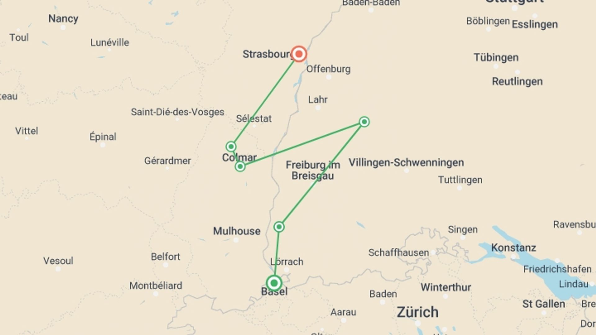 A map showing the tour itinerary for the trip: Alsace Wine and Rhine Cycle to Strasbourg, starting in Basel, Switzerland and ending in Strasbourg, France going through 4 other destinations.
