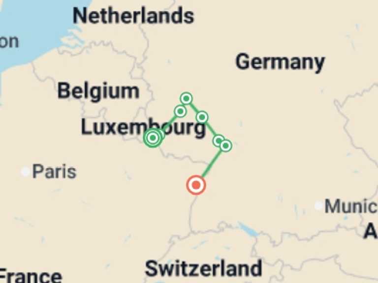Map of Strasbourg Romantic Tour with 7 destination visits for the trip: 4 Rivers: The Moselle, Sarre, Romantic Rhine, and Neckar Valleys (port-to-port cruise)