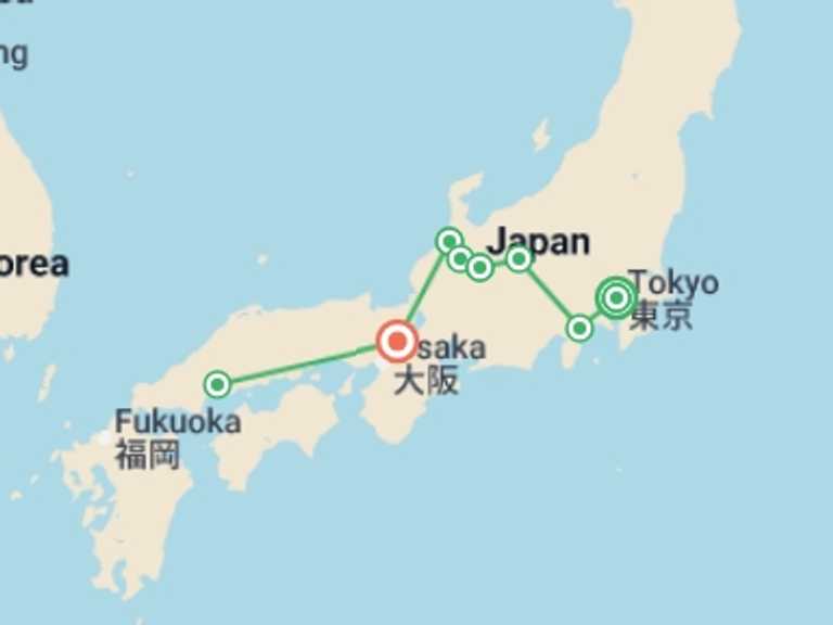 Map itinerary of Asia Tour in September 2026 with 5 destination visits for the trip: Cultural Treasures of Japan 