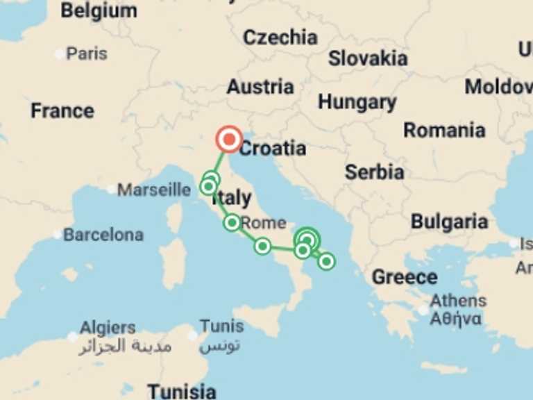 Map itinerary of Europe Tour in September 2026 with 9 destination visits for the trip: Premium Italy in Depth