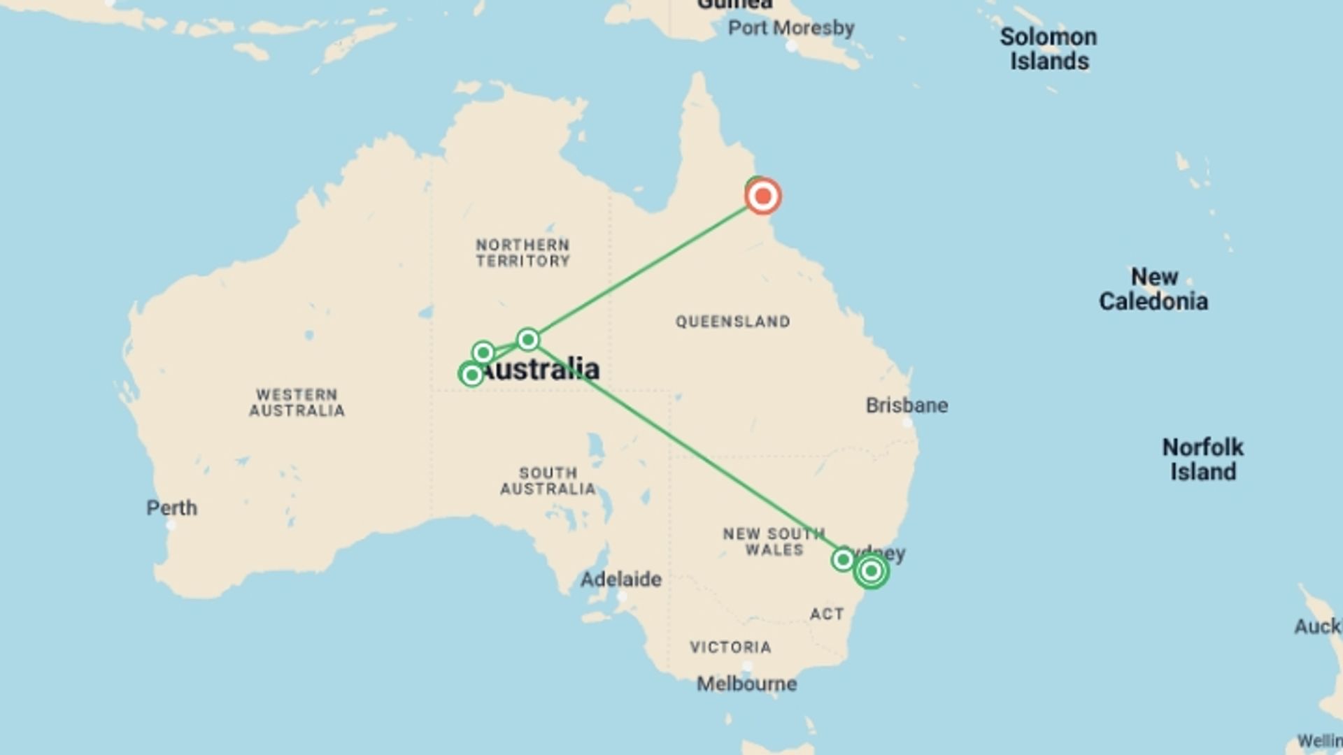 A map showing the tour itinerary for the trip: Best of Australia, starting in Sydney, Australia and ending in Cairns, Australia going through 6 other destinations.