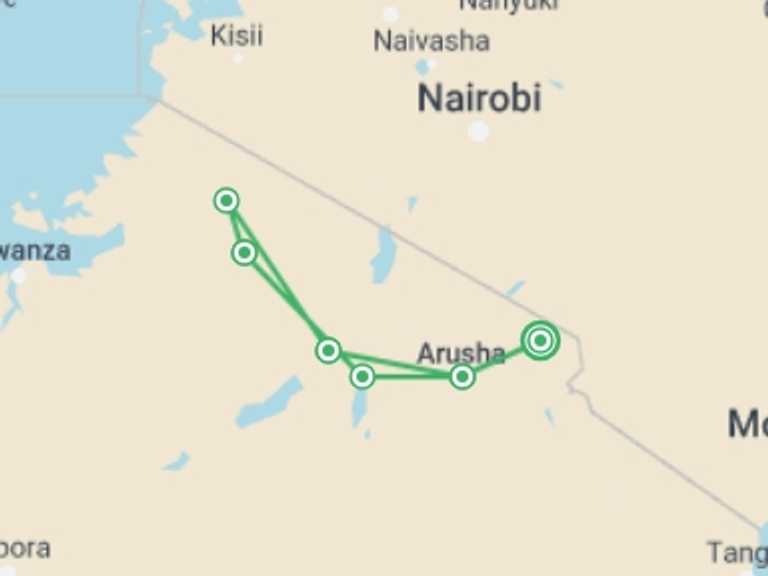 Map of Ngorongoro Crater Wildlife safaris and game drives Tour with 6 destination visits for the trip: Simba Safari, Serena Lodges - Private Tour