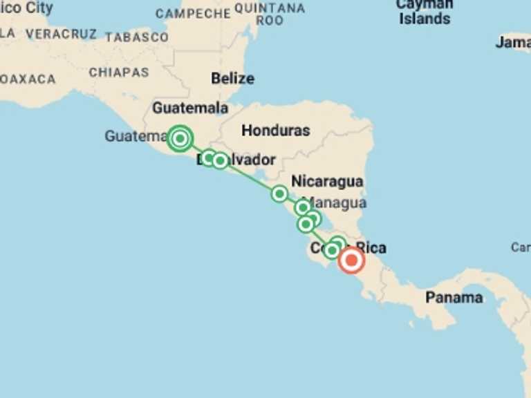 Map itinerary of South America Tour in March 2026 with 11 destination visits for the trip: Real Guatemala to Costa Rica
