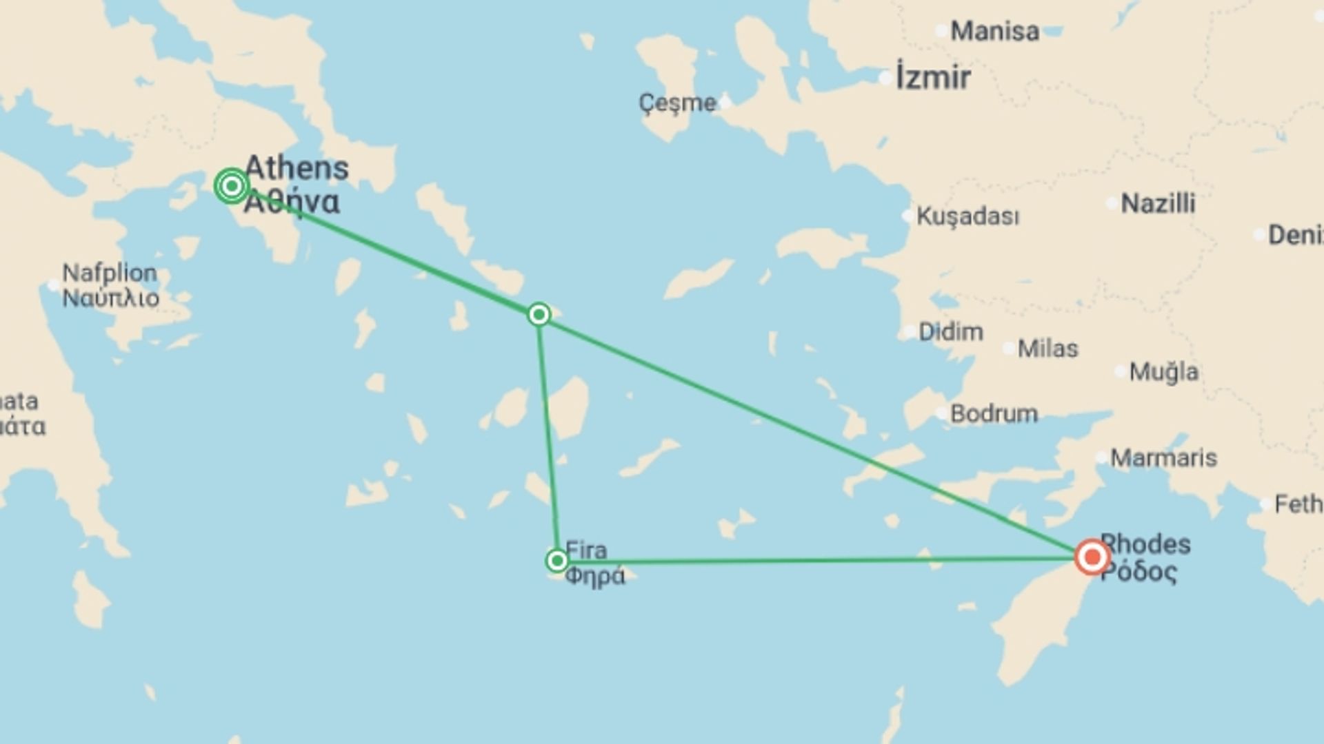 A map showing the tour itinerary for the trip: Wonders of Athens Mykonos Santorini and Rhodes, starting in Athens, Greece and ending in Rhodes, Greece going through 2 other destinations.