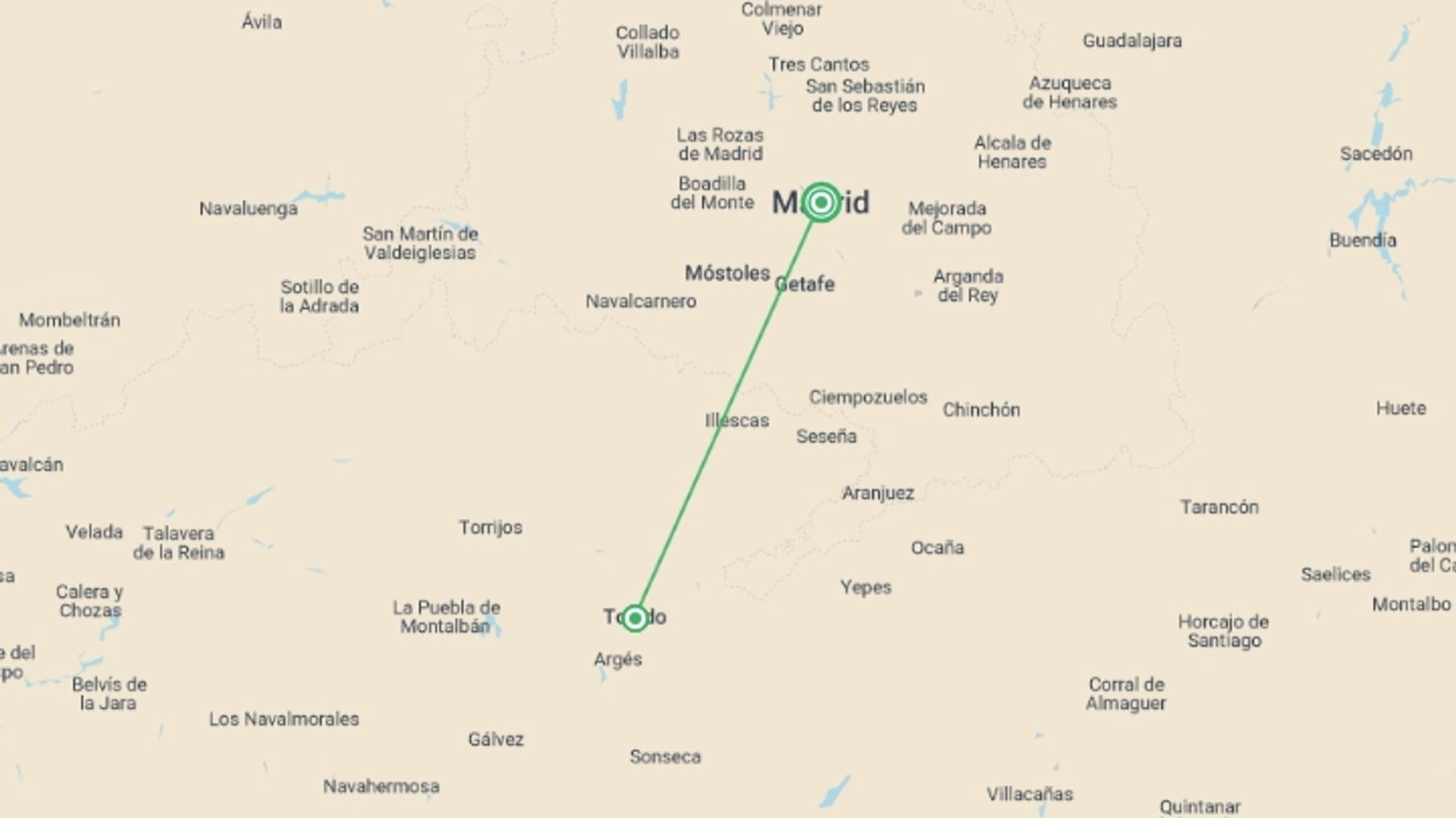 A map showing the tour itinerary for the trip: Toledo Day Trip From Madrid With Skip The Line Bracelet For Monuments Admission, starting in Madrid, Spain and ending in Madrid, Spain going through 1 other destinations.