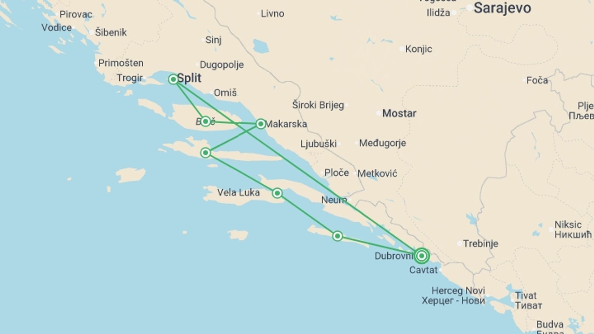 A map showing the tour itinerary for the trip: Croatia Sail – 18 to 35s / Premier Boat, starting in Dubrovnik, Croatia and ending in Dubrovnik, Croatia going through 6 other destinations.