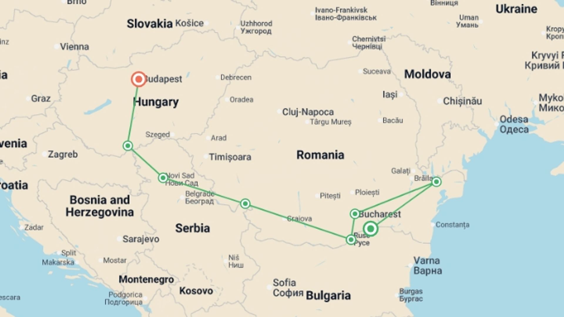 A map showing the tour itinerary for the trip: Along the Danube, the Balkan peninsula and Budapest (port-to-port cruise), starting in Oltnenita, Romania and ending in Budapest, Hungary going through 7 other destinations.