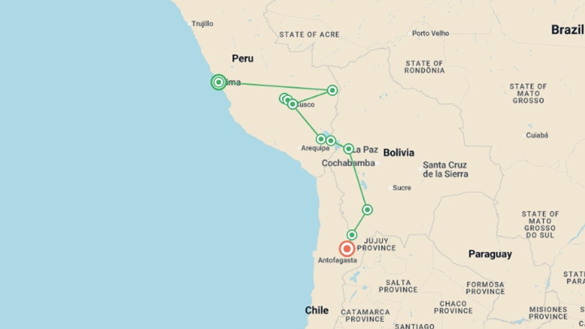 A map showing the tour itinerary for the trip: Peru & Bolivia Encounter, starting in Lima, Peru and ending in San Pedro De Atacama, Chile going through 9 other destinations.