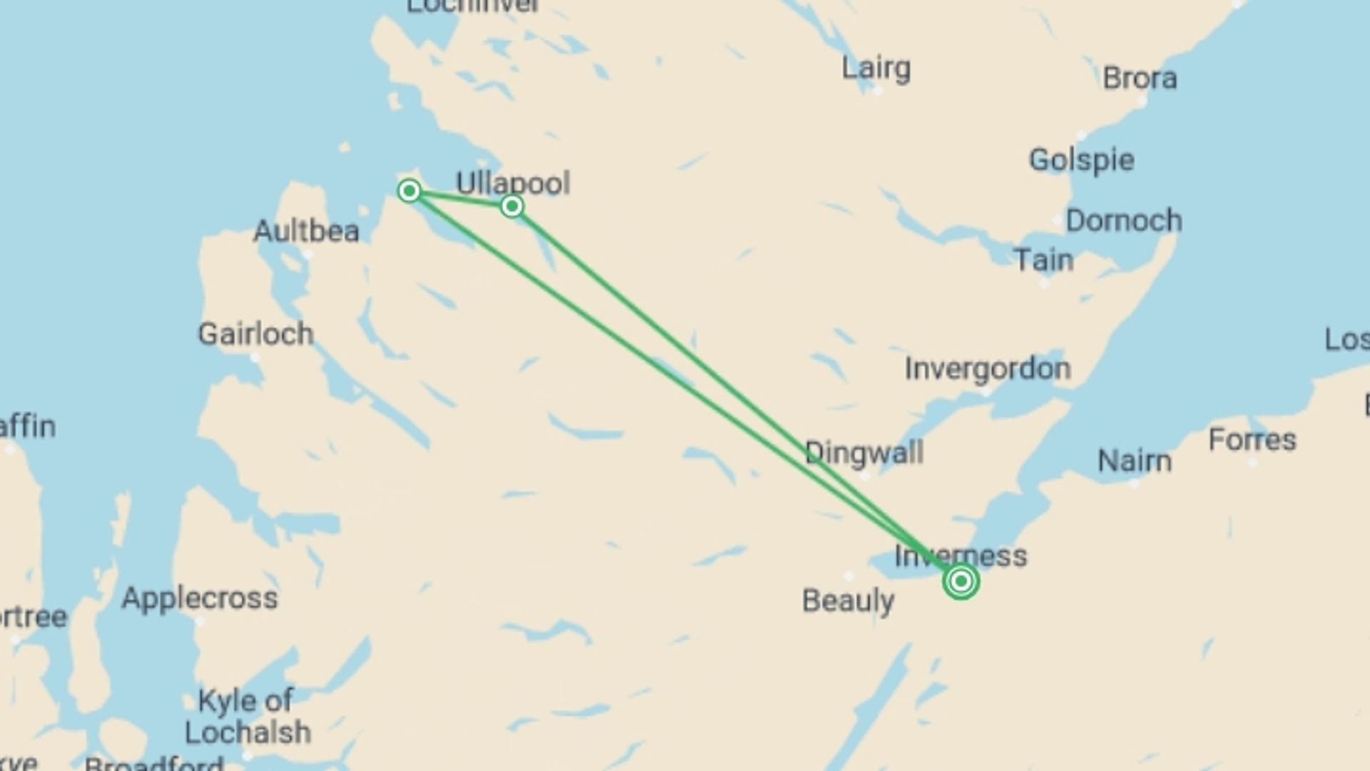 A map showing the tour itinerary for the trip: 3 Days / 2 Nights - Ullapool Walking Adventure, starting in Inverness, Scotland and ending in Inverness, Scotland going through 2 other destinations.