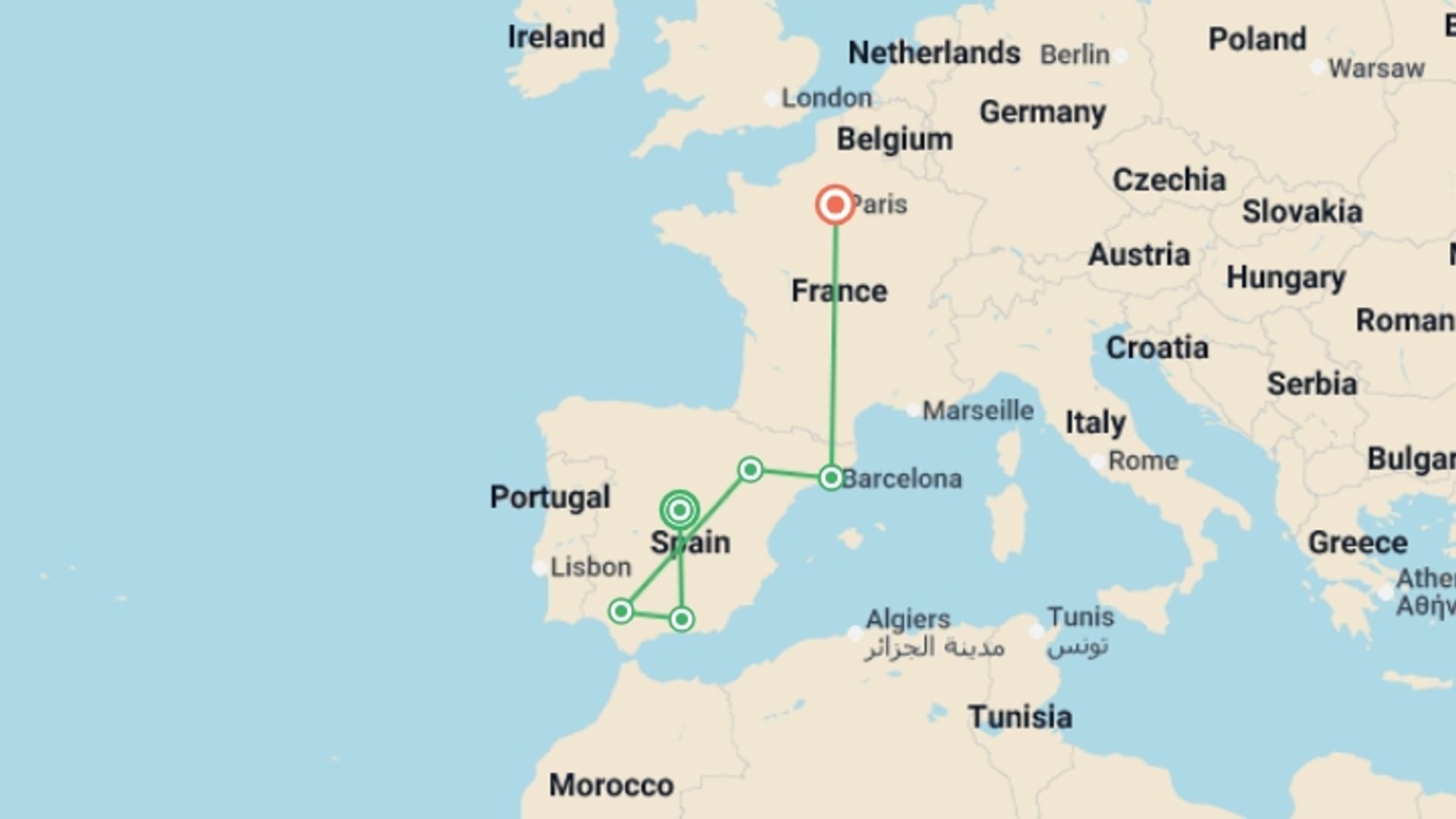 A map showing the tour itinerary for the trip: Classical Spain with Paris, starting in Madrid, Spain and ending in Paris, France going through 4 other destinations.