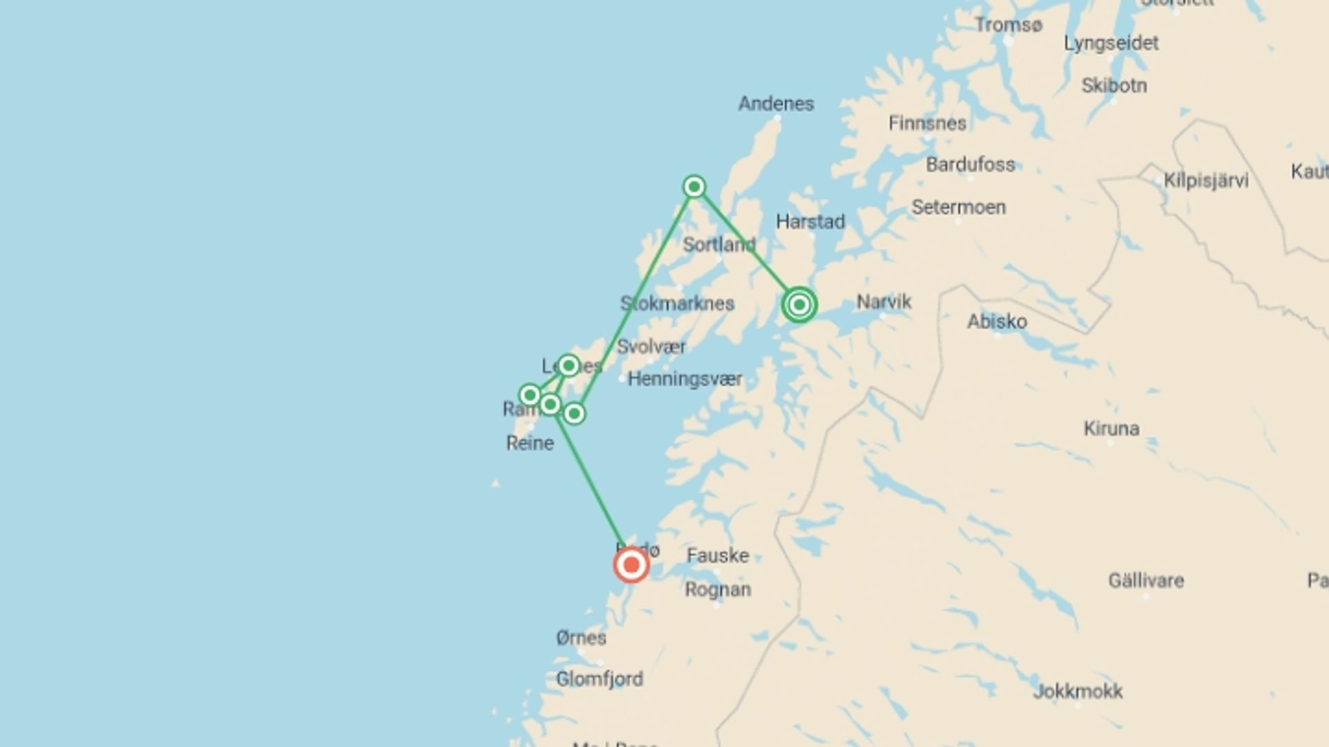 A map showing the tour itinerary for the trip: Hike the Lofoten and Vesterålen Islands, starting in Evenes, Norway and ending in Bodo, Norway going through 6 other destinations.