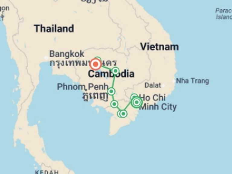 Map itinerary of Asia Tour in March 2027 with 10 destination visits for the trip: Cycle Vietnam and Cambodia