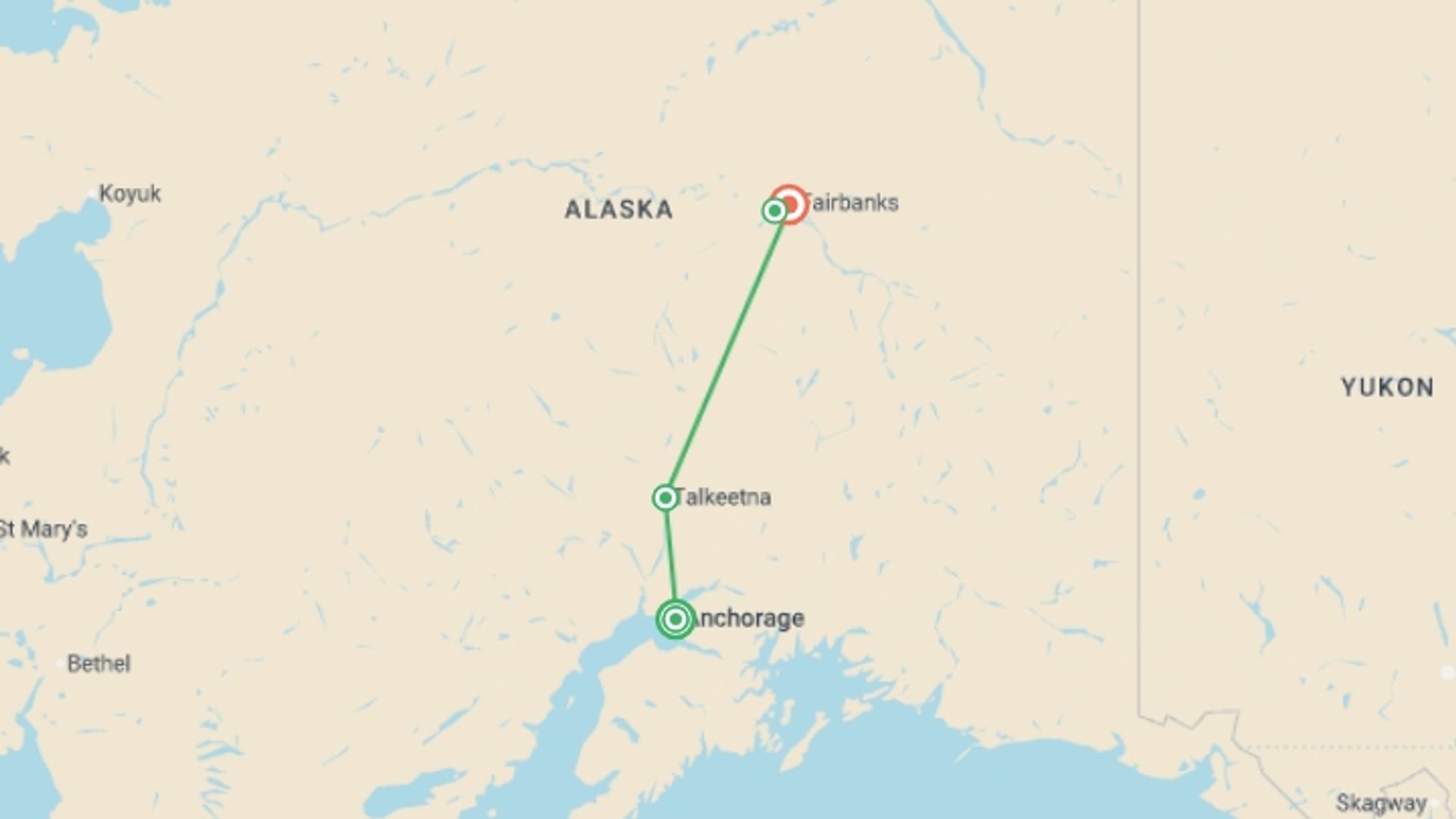 A map showing the tour itinerary for the trip: Alaska in Winter: Northern Lights & Dog Sledding Adventure, starting in Anchorage, USA and ending in Fairbanks, USA going through 2 other destinations.