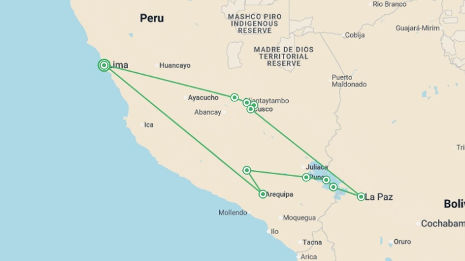 A map showing the tour itinerary for the trip: Peru Encompassed - 20 days, starting in Lima, Peru and ending in Lima, Peru going through 8 other destinations.
