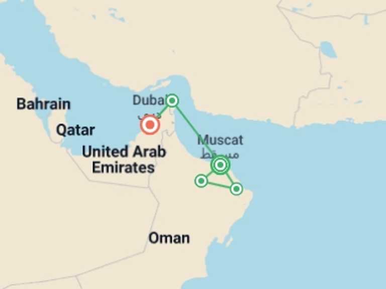 Map of a Deserts and canyons Tour with 5 destination visits for the trip: Jewels of Oman Tour Package