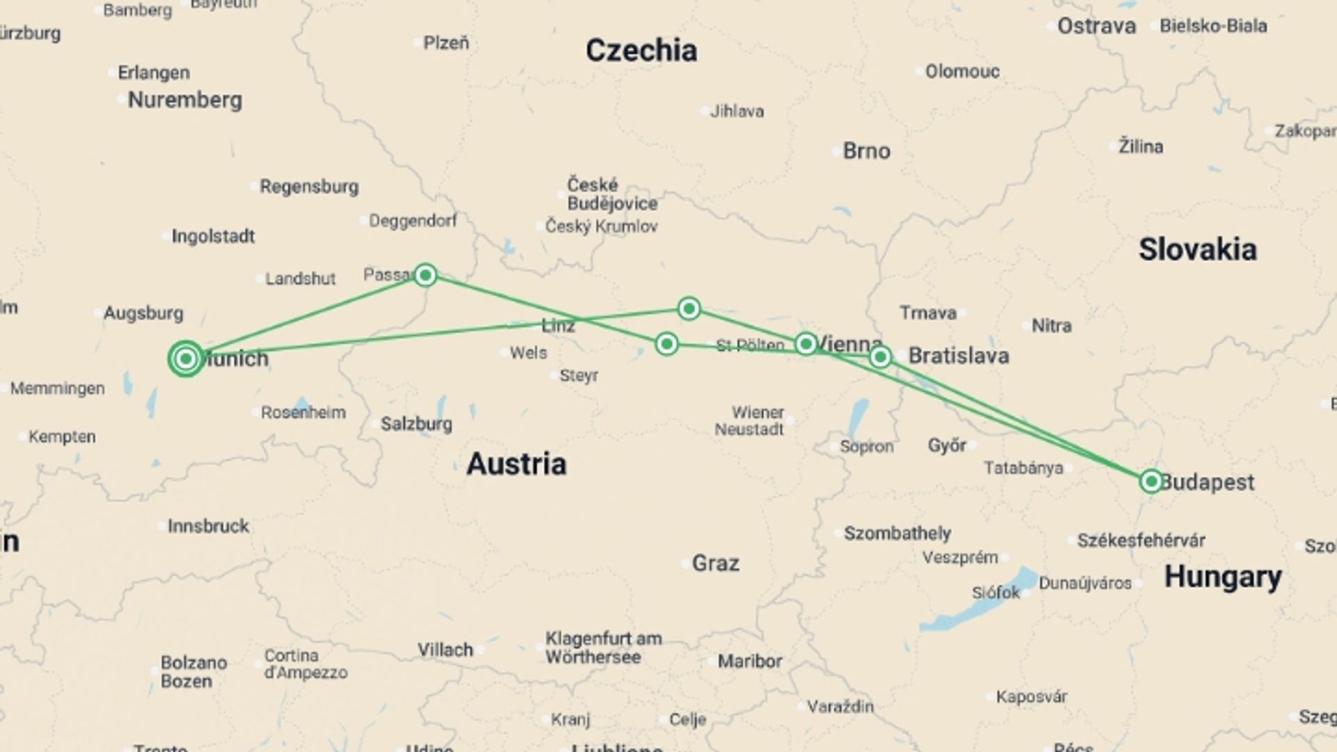 A map showing the tour itinerary for the trip: Imperial Danube – VISTAMILLA Intermediate, starting in Munich, Germany and ending in Munich, Germany going through 6 other destinations.