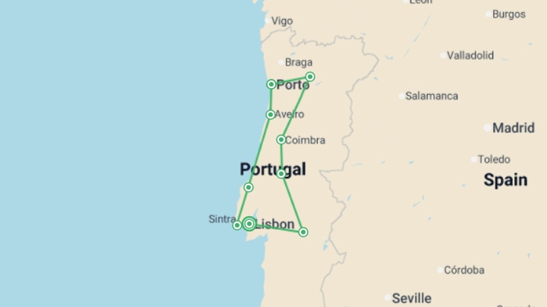 A map showing the tour itinerary for the trip: Classic Portugal Week - 7 days, starting in Lisbon, Portugal and ending in Lisbon, Portugal going through 5 other destinations.