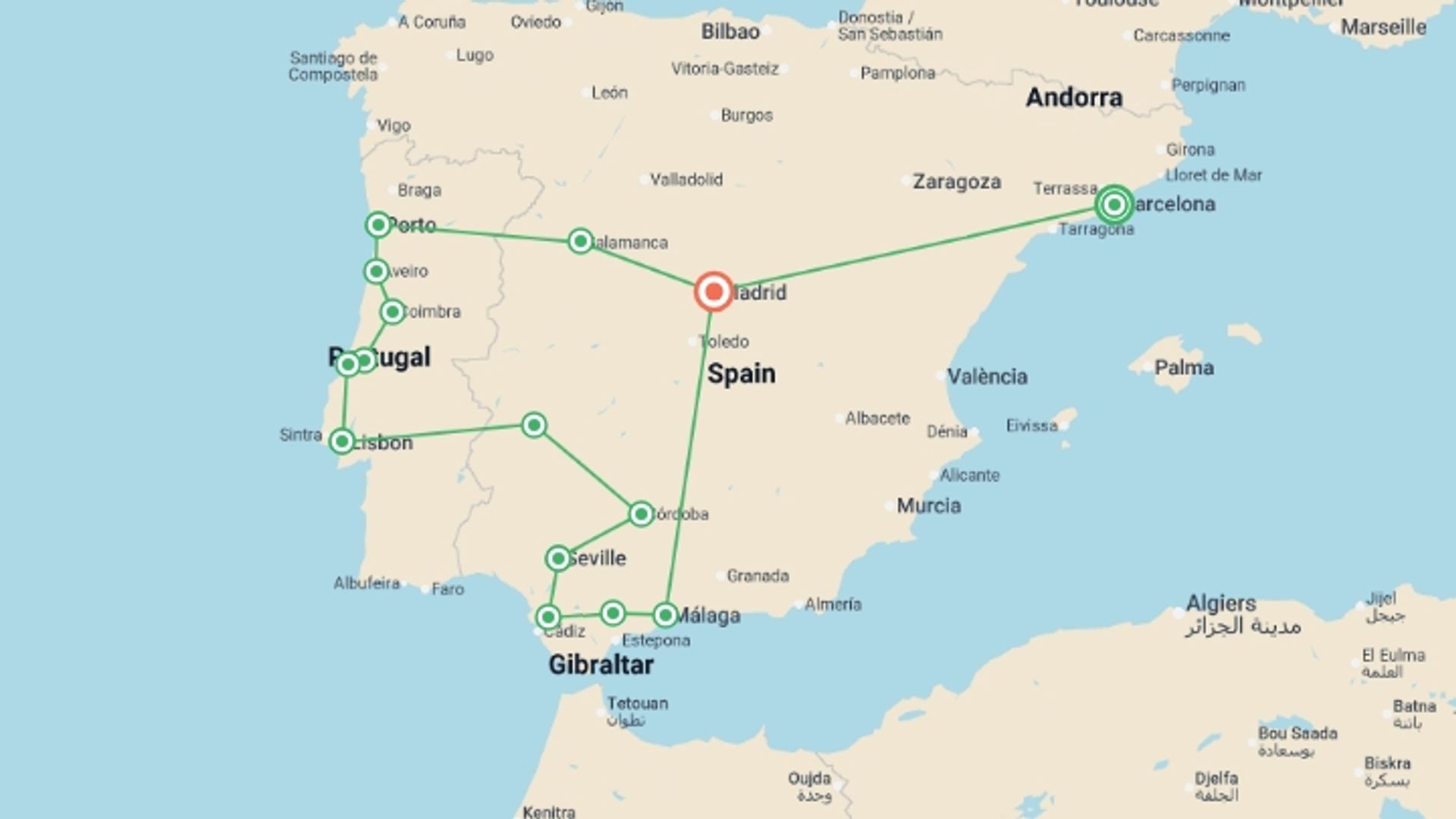 A map showing the tour itinerary for the trip: Barcelona, Portugal & Andalucia - 16 days , starting in Barcelona, Spain and ending in Madrid, Spain going through 9 other destinations.