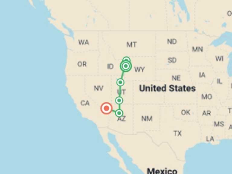 Map of a Sightseeing Tour with 6 destination visits for the trip: Five Epic National Parks