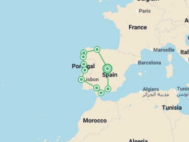 Map itinerary of Europe Tour in May 2026 with 10 destination visits for the trip: Madrid to Galicia, Portugal & Andalucia - 14 days