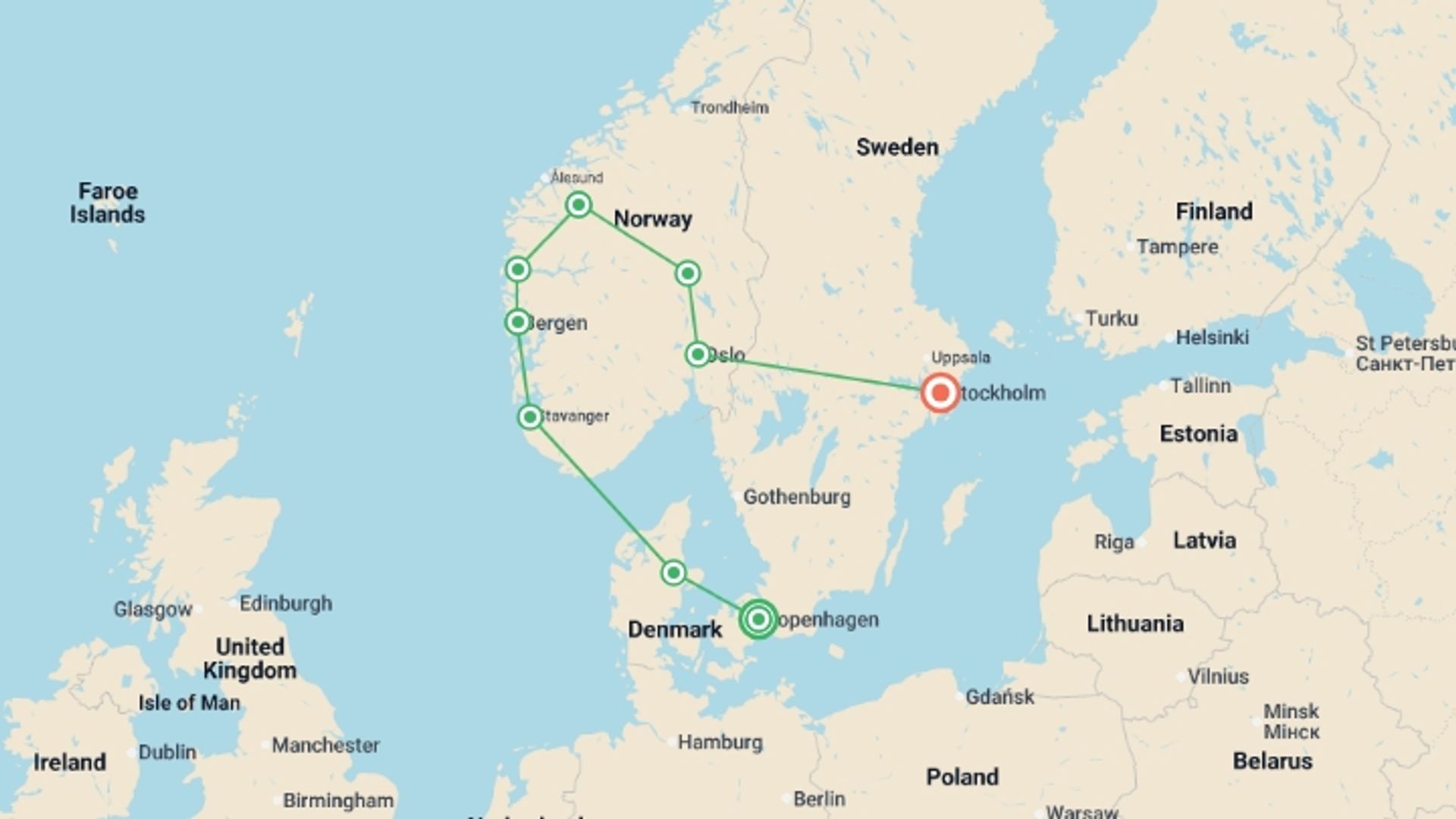 A map showing the tour itinerary for the trip: Scenic Scandinavia and its Fjords, starting in Copenhagen, Denmark and ending in Stockholm, Sweden going through 7 other destinations.