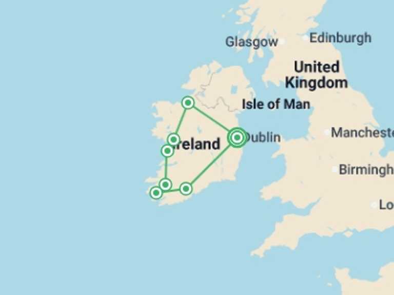 Map itinerary of Europe Tour in July 2026 with 6 destination visits for the trip: Enchanting Ireland