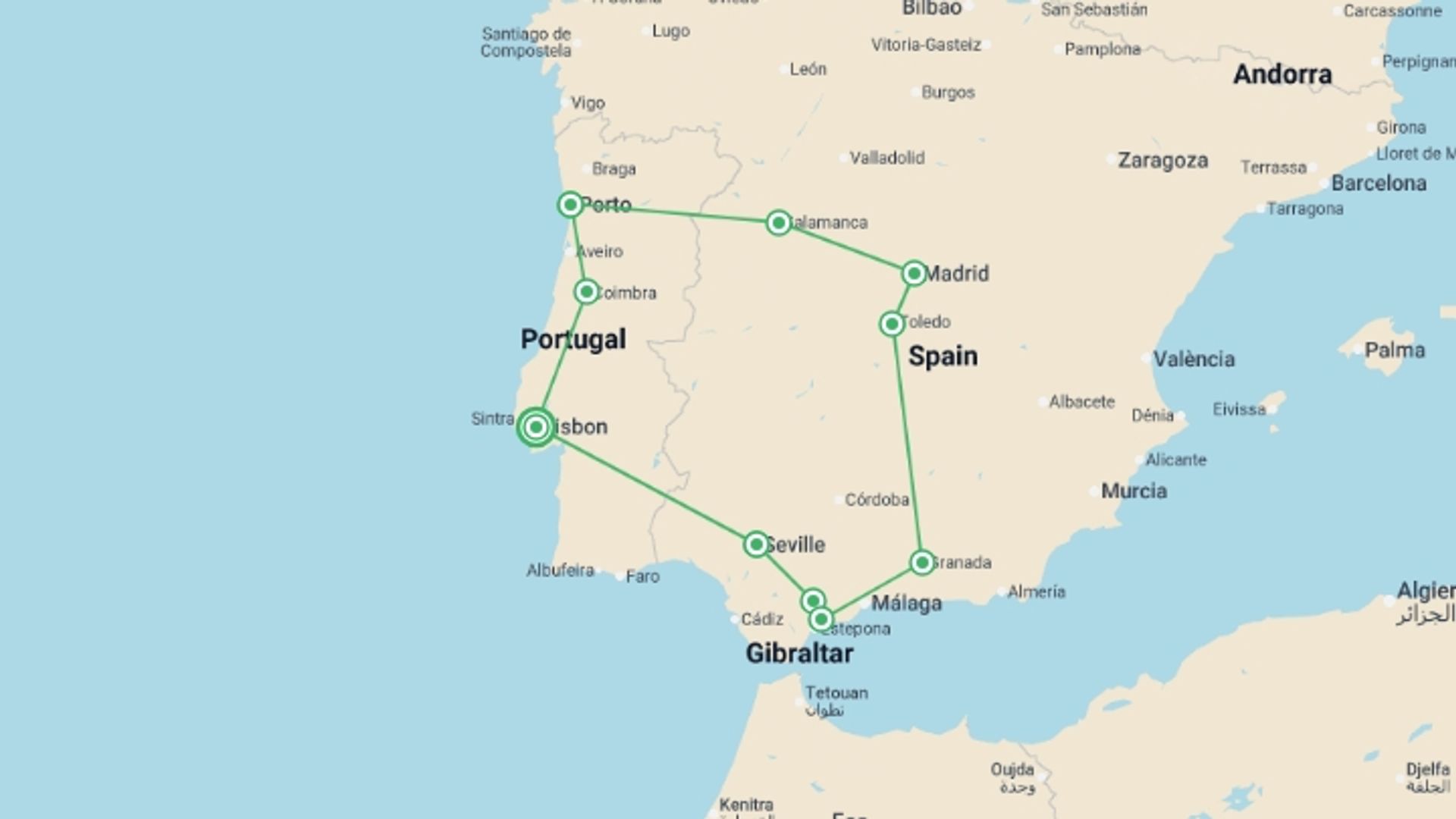 A map showing the tour itinerary for the trip: 8-day Guided Tour Andalusia And Madrid From Lisbon (c-4802), starting in Lisbon, Portugal and ending in Lisbon, Portugal going through 5 other destinations.