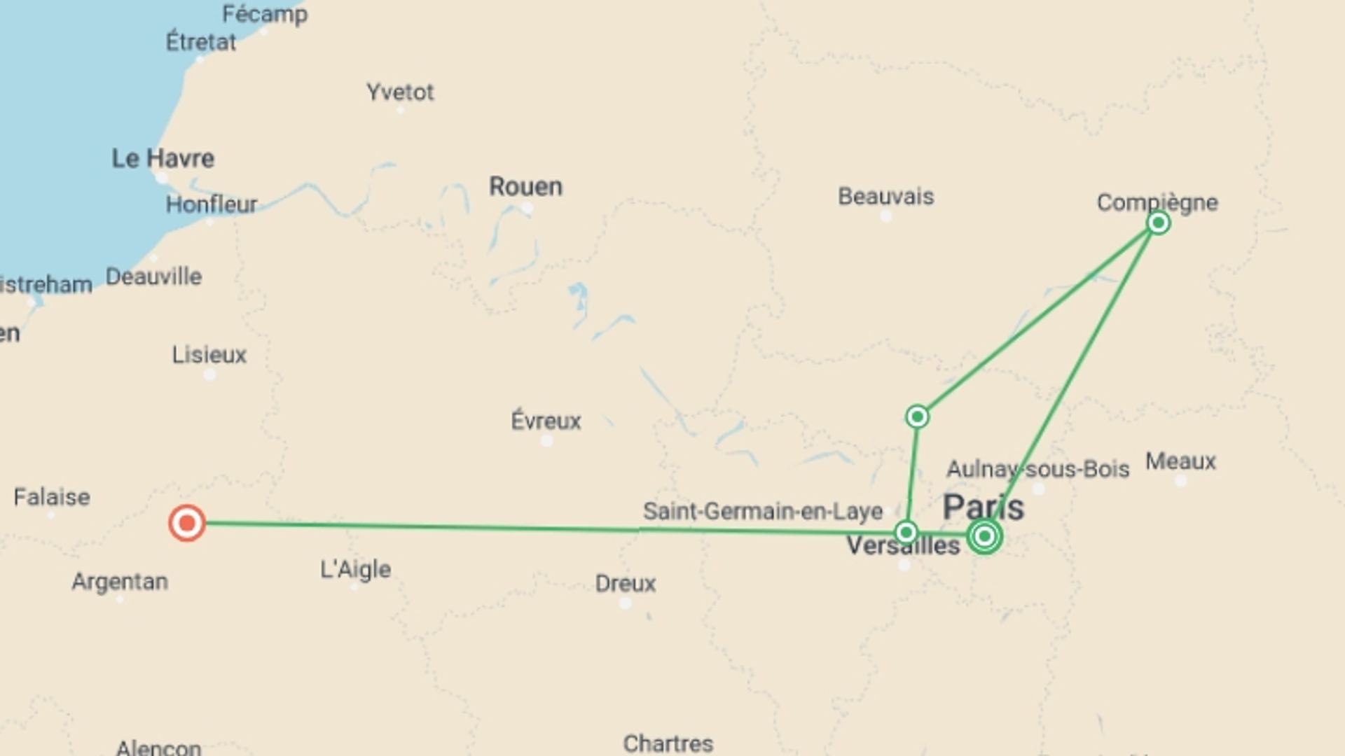 A map showing the tour itinerary for the trip: Historic Residences, Local Cuisine, and Hidden Gems in the Oise Valley (port-to-port cruise), starting in Paris, France and ending in Normandy, France going through 3 other destinations.