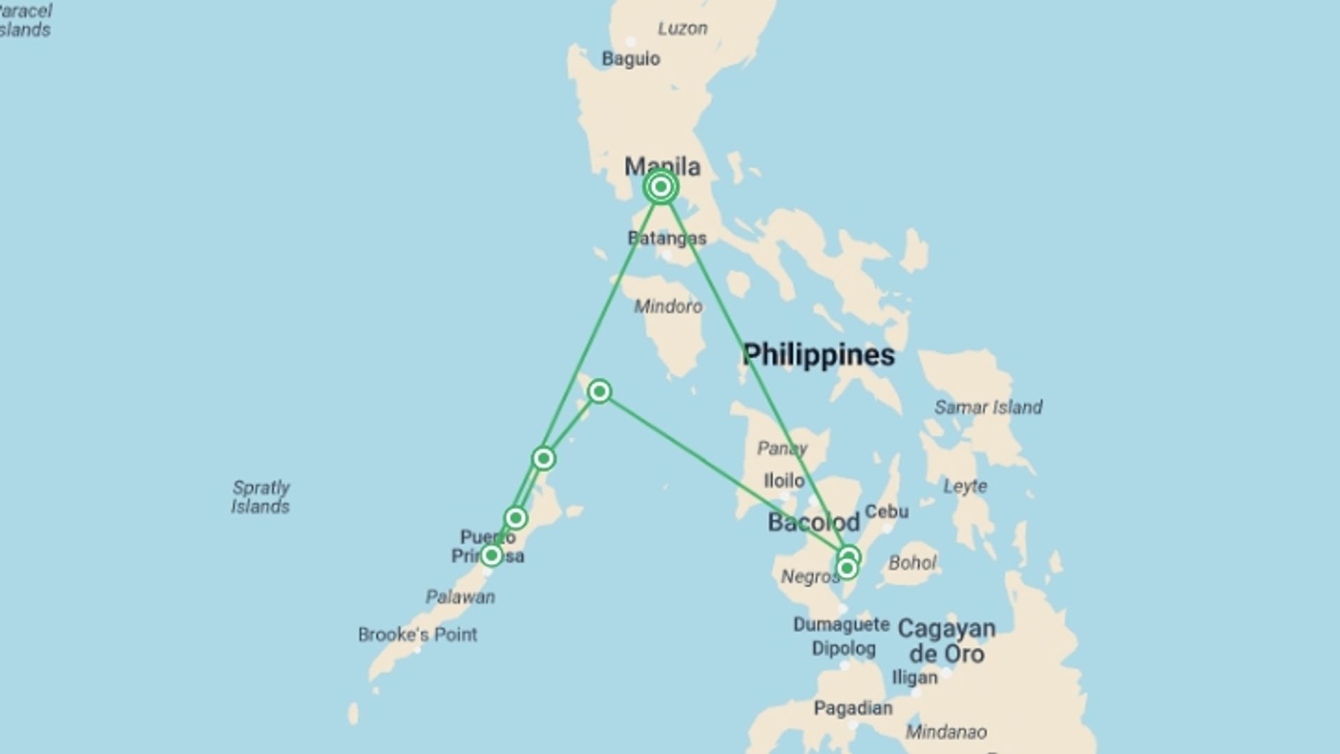 A map showing the tour itinerary for the trip: Philippines Island Explorer 17 day, starting in Manila, Philippines and ending in Manila, Philippines going through 6 other destinations.