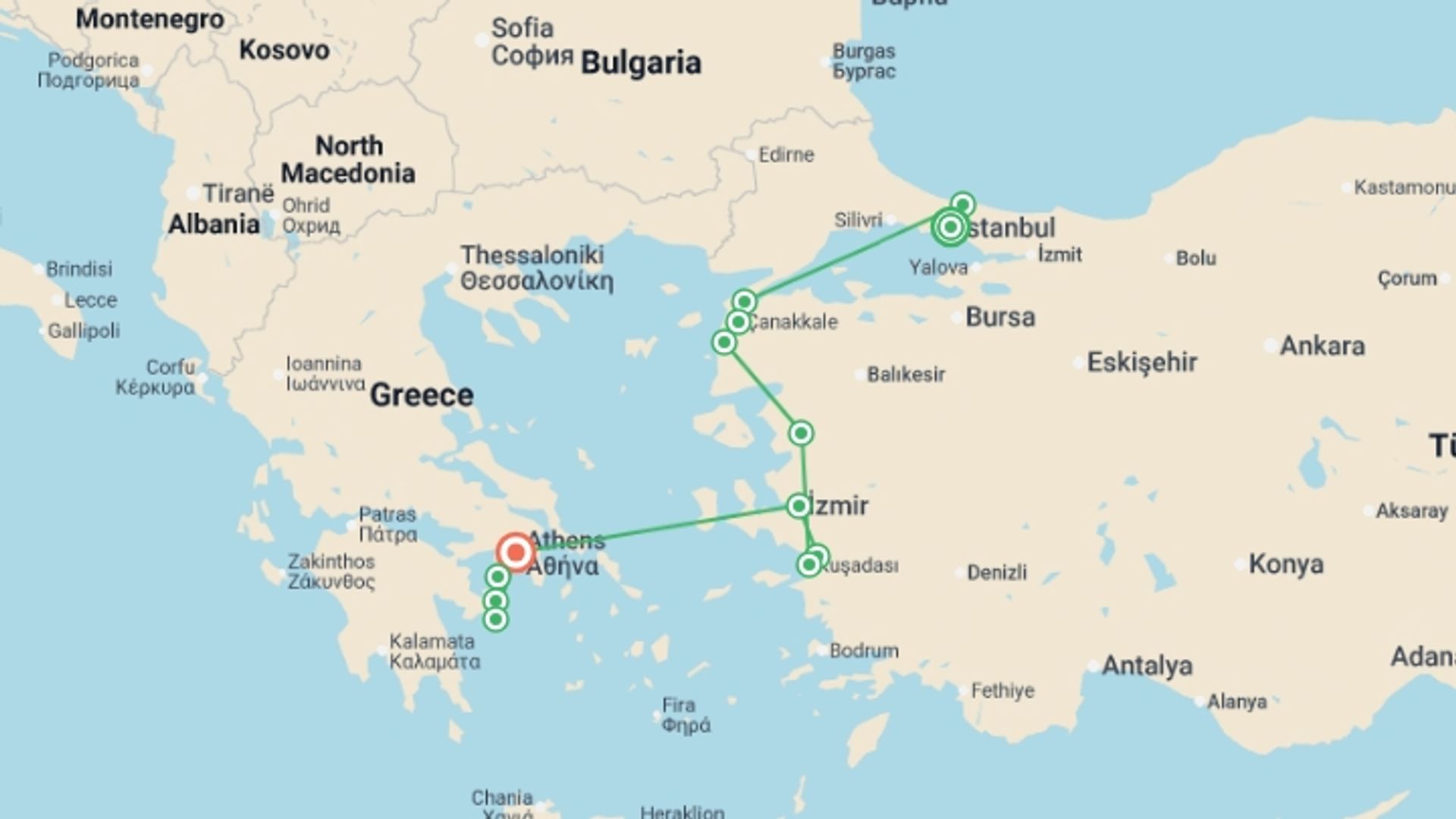 A map showing the tour itinerary for the trip: Turkey to Greece Express - 9 days, starting in Istanbul, Turkey and ending in Athens, Greece going through 3 other destinations.