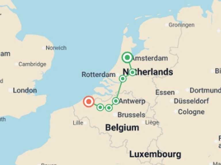 Map itinerary of Amsterdam Tour in April 2026 with 7 destination visits for the trip: Amsterdam to Bruges Bike & Barge - Comfort