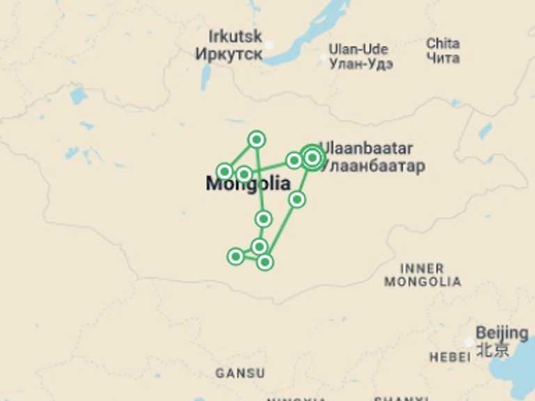 Map itinerary of Asia Tour in July 2026 with 11 destination visits for the trip: Journeys: Discover Mongolia