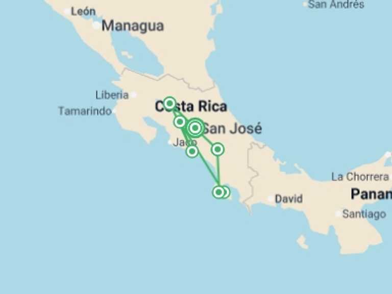 Map itinerary of South America Tour in November 2026 with 7 destination visits for the trip: Wild Costa Rica – Premium Adventure