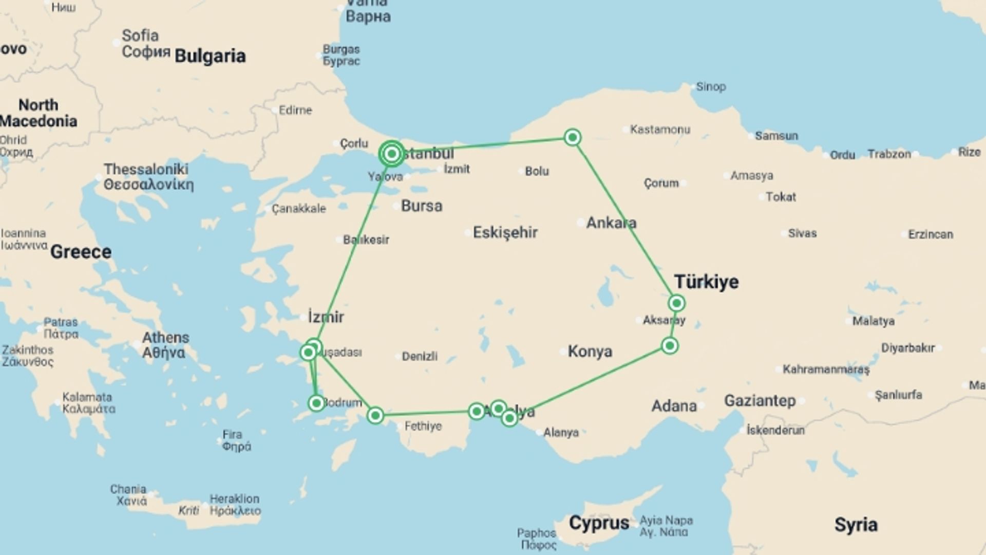 A map showing the tour itinerary for the trip: Turkish Panorama, starting in Istanbul, Turkey and ending in Istanbul, Turkey going through 6 other destinations.