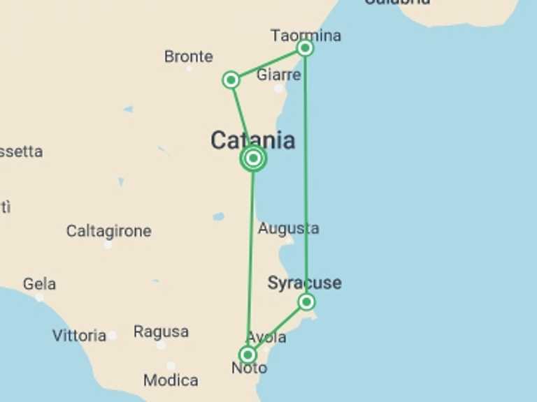 Map of Catania Cultural, religious and historic sites Tour with 5 destination visits for the trip: Sicily: Vino & Volcanoes