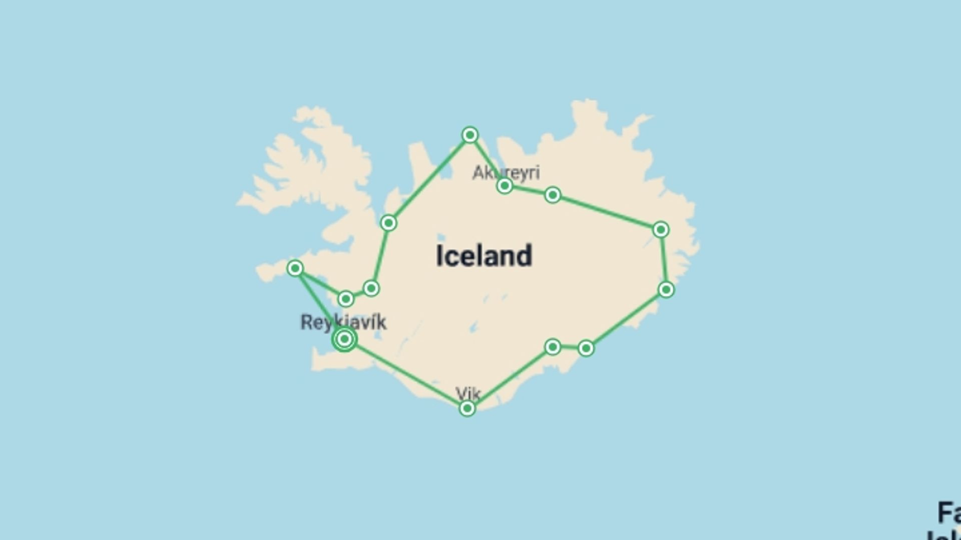 A map showing the tour itinerary for the trip: Complete Iceland Adventure, starting in Reykjavik, Iceland and ending in Reykjavik, Iceland going through 6 other destinations.