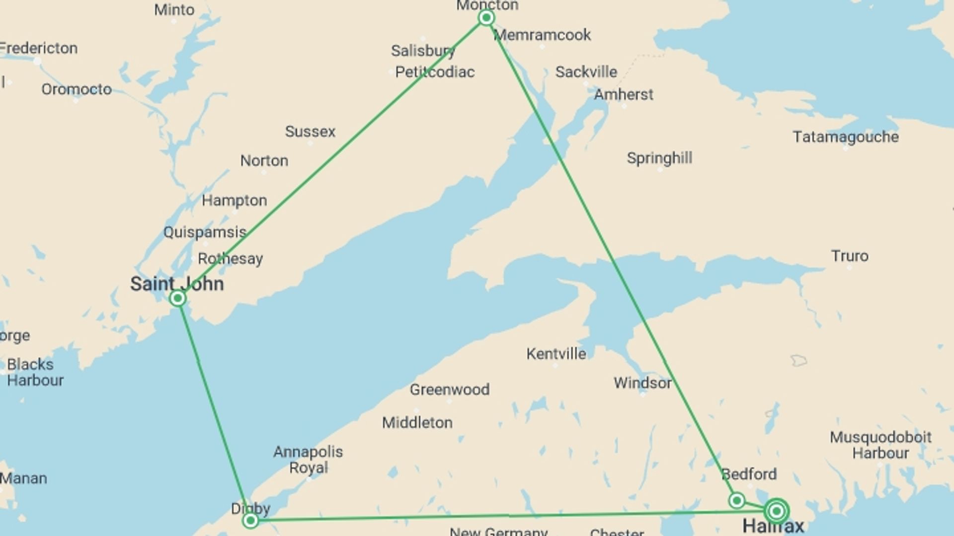 A map showing the tour itinerary for the trip: Wonders of the Bay of Fundy, starting in Halifax, Canada and ending in Halifax, Canada going through 4 other destinations.
