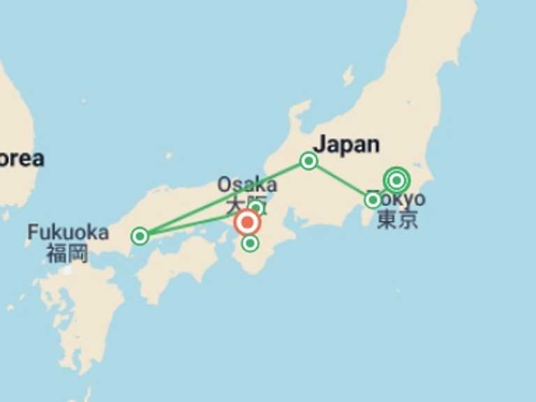 Map itinerary of Osaka Tour in May 2026 with 7 destination visits for the trip: Japan Unrivalled