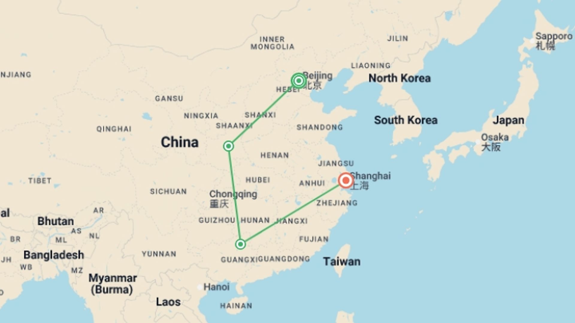 A map showing the tour itinerary for the trip: Totally China & Guilin - 11 days, starting in Beijing, China and ending in Shanghai, China going through 2 other destinations.