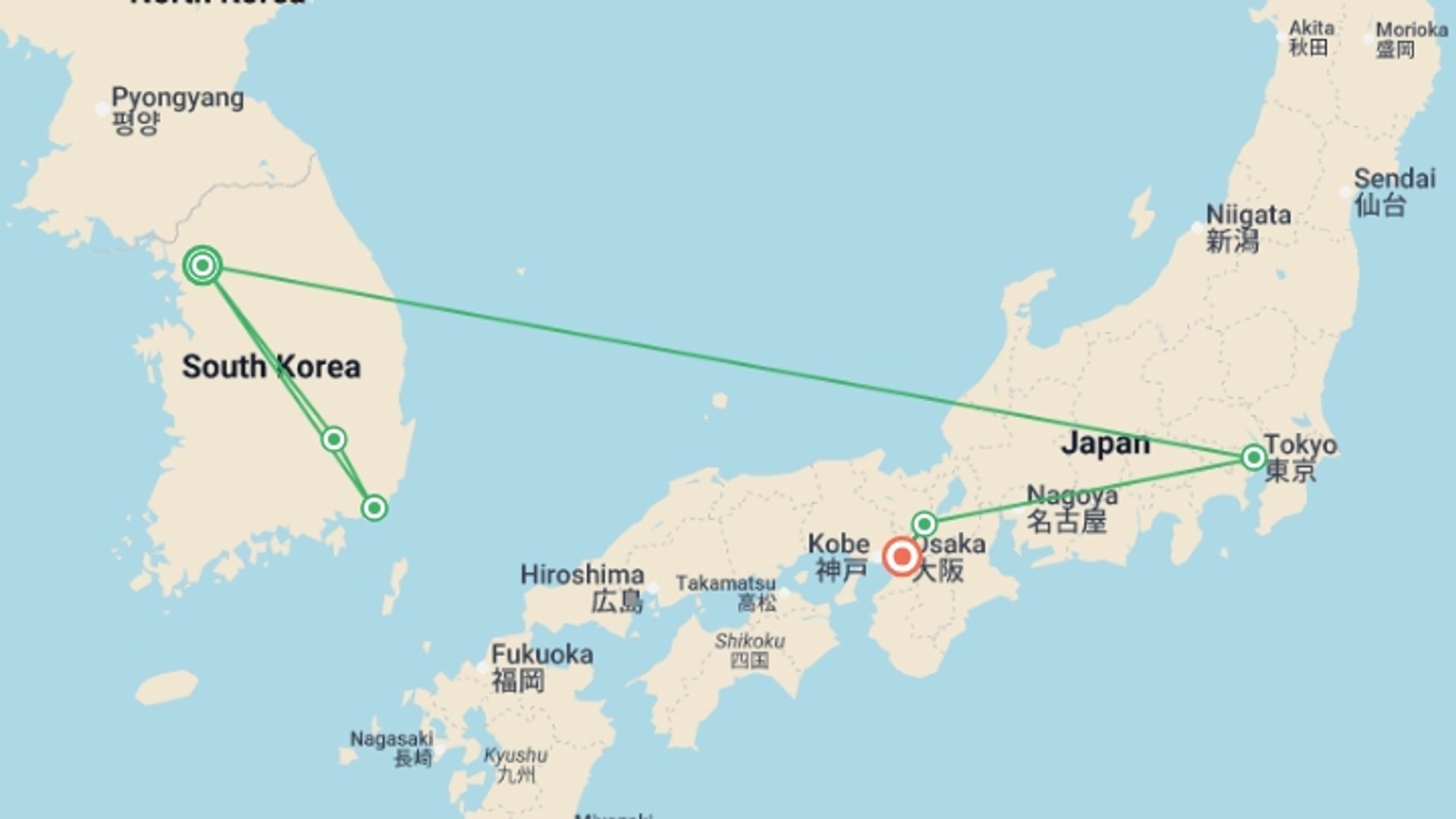 A map showing the tour itinerary for the trip: Wonders of Korea and Japan, starting in Seoul, South Korea and ending in Osaka, Japan going through 4 other destinations.